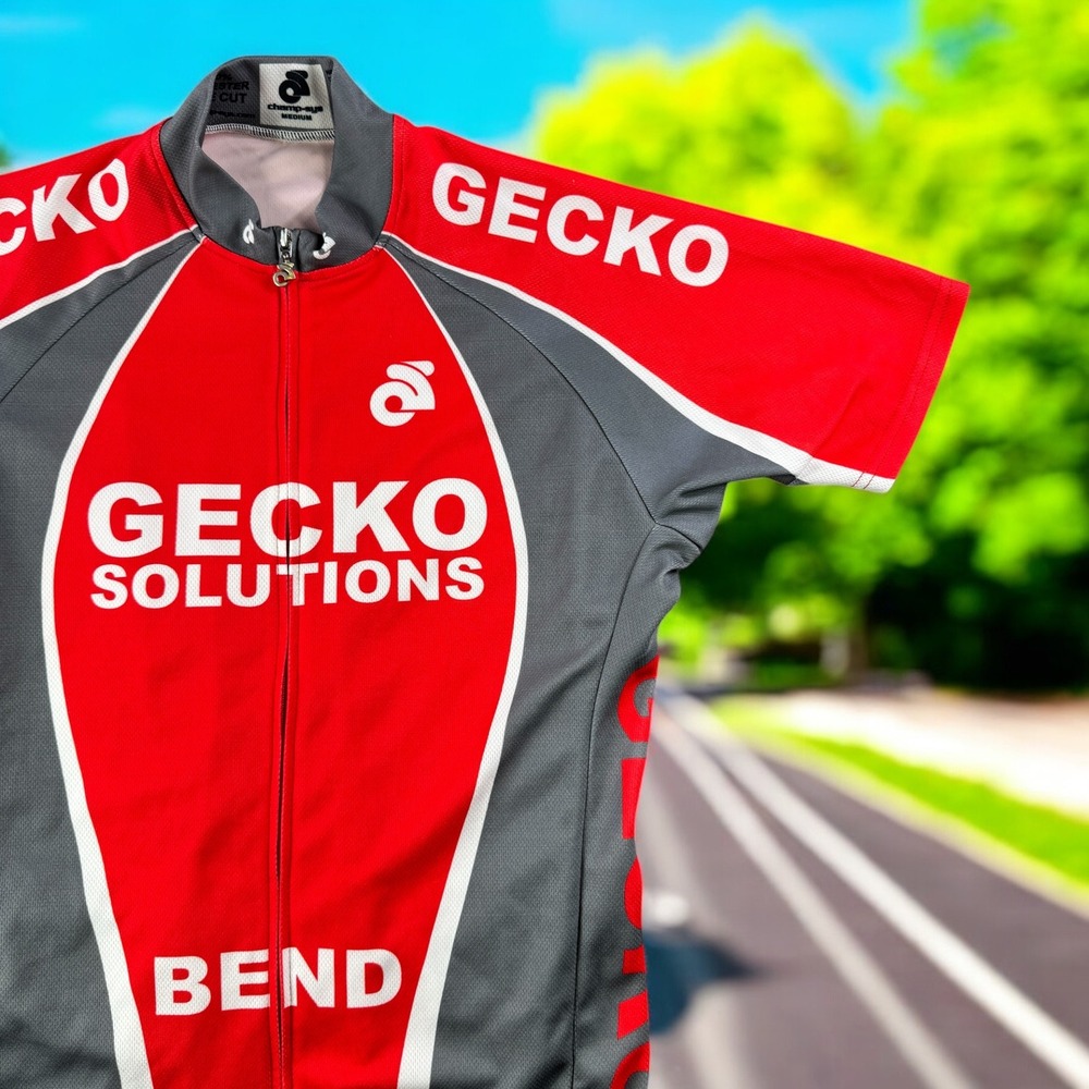 Champ Sys Cycling Jersey Men M Gecko Pockets Red‎ Gray Bike Ride Trail Street